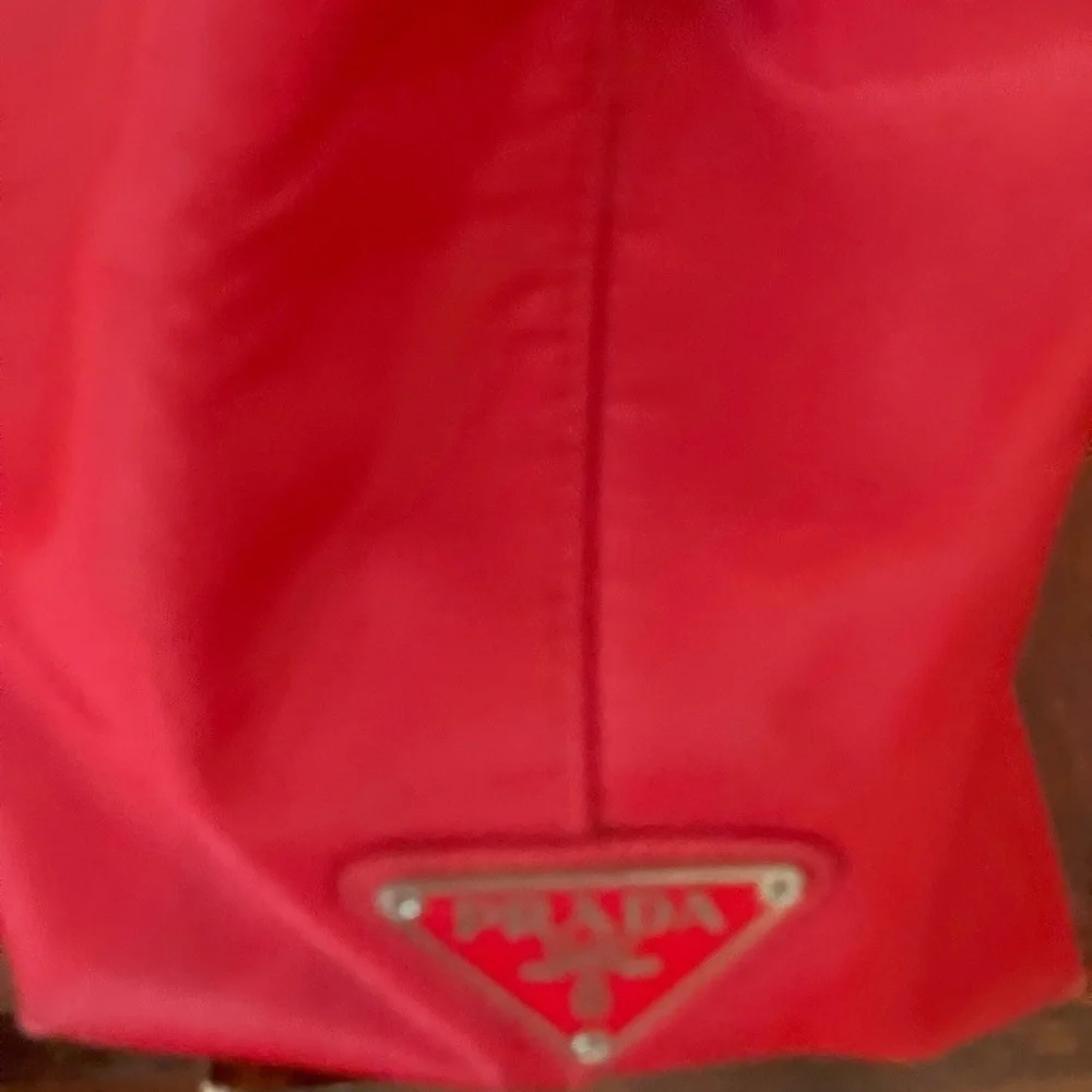 Prada Tesseto Nylon Triangle Red Tote with Transparent Handles